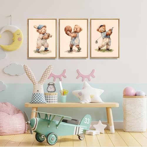 Teddy Bear Sports Nursery Animal Wall Art Cute Woodland Rugby Wall Decor - Image 4