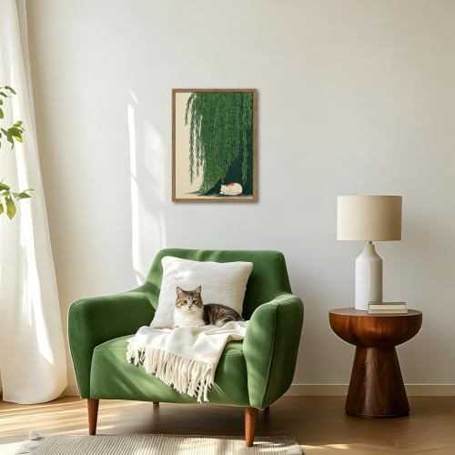 Japanese Cat Wall Art, Cat Under Willow Tree Wall Decor Painting Japan Zen Calm - Image 2
