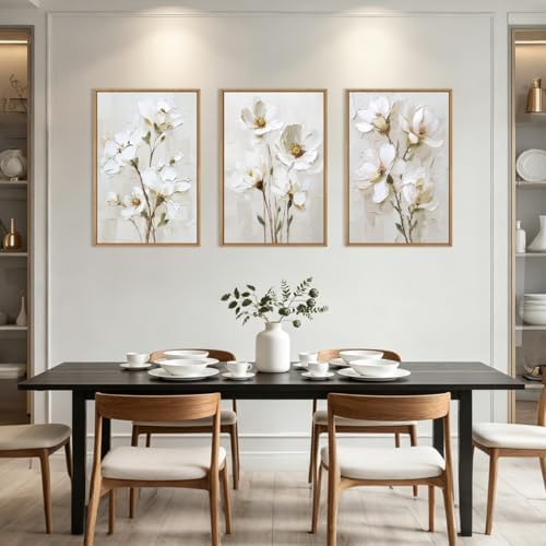 FWIEXA 3D Beige White Floral Canvas Wall Art Set 3, Texture Neutral Botanical - Image 6