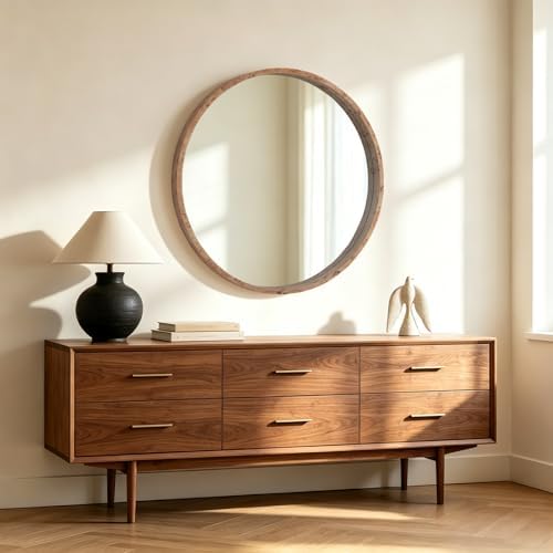 WallBeyond 28 Inch Round Wood Mirror, Burlwood Grain Wood Frame Circle Mirror - Image 6