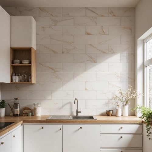 6" x 12" Calacatta Gold Marble Peel and Stick Backsplash Wall Tiles, PVC Faux - Image 3