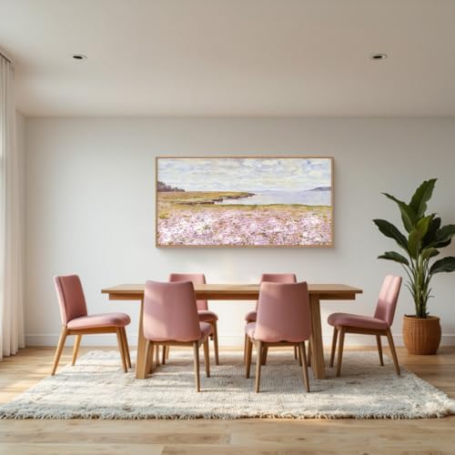 Watercolor Pink Floral Coastal Landscape Framed Canvas Wall Art-20"x40"x1 - Image 4