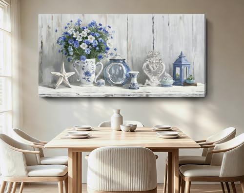 Nicetop Large Coastal Wall Art – Blue and White Floral Artwork, Rustic - Image 4