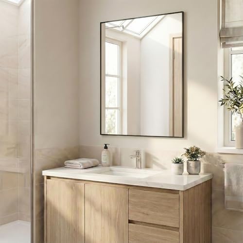 30"x36" Matte Black Framed Rectangle Bathroom Vanity Wall Mirror - Image 2