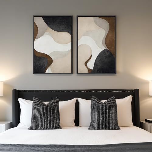 Framed Neutral Beige Brown Abstract Canvas Wall Art Set of 2, 16x24 In - Image 2
