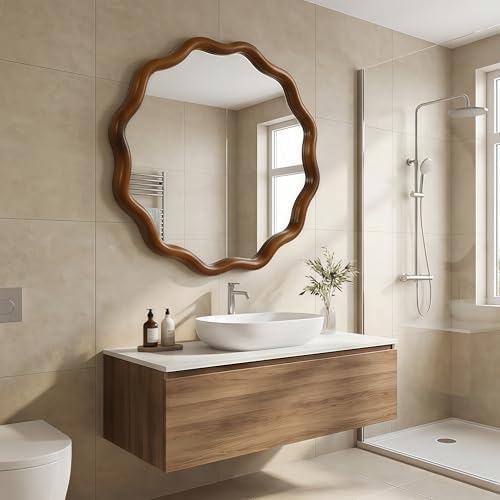 GDFStudio 36 Inch Wavy Round Solid Wood Frame Mirror, Bohemian Decorative Wall - Image 6