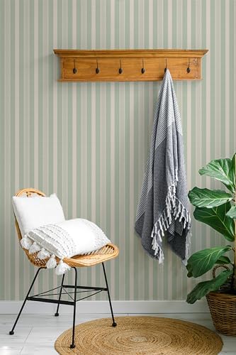 RollsRolla Modern Sage Green and White Stripe Peel and Stick Wallpaper by RollsRolla