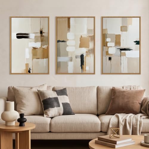 Large Abstract Beige Framed Canvas Wall Art Set, Neutral Textures Wall Decor by Celestdeco