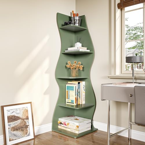 LITTLE TREE Small Corner Shelf, Modern 5-Tier Wall Wavy Corner Bookshelf - Image 4