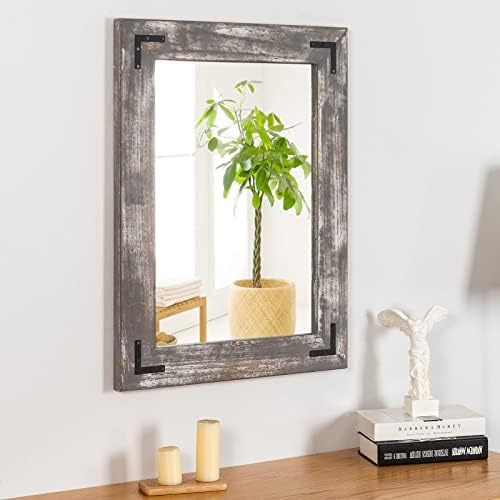 YOSHOOT Rustic Wooden Framed Wall Mirror, Natural Wood Bathroom Vanity Mirror - Image 6