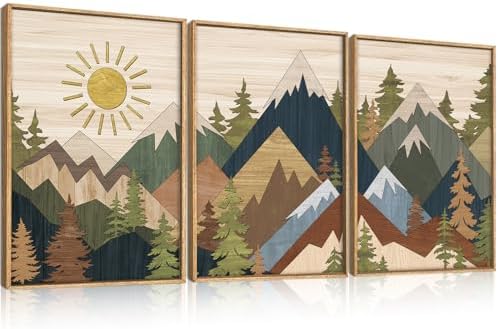 Large Abstract Mountain Woodcut Framed Canvas Wall Art, Vintage Pine Tree Wall - Image 6