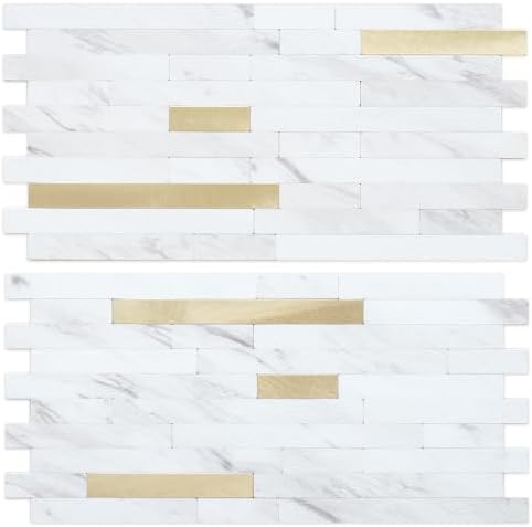 DICOFUN 20 Sheets White Marble Peel and Stick Backsplash, PVC Mixed Metal Gold by DICOFUN