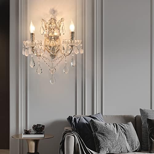 YLONG-ZS French Country Crystal Wall Sconce, 2-Light Distressed White Gold - Image 5