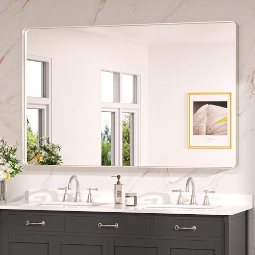 Keonjinn 55 x 36 Inch Brushed Nickel Bathroom Mirror, Tempered Glass by Keonjinn
