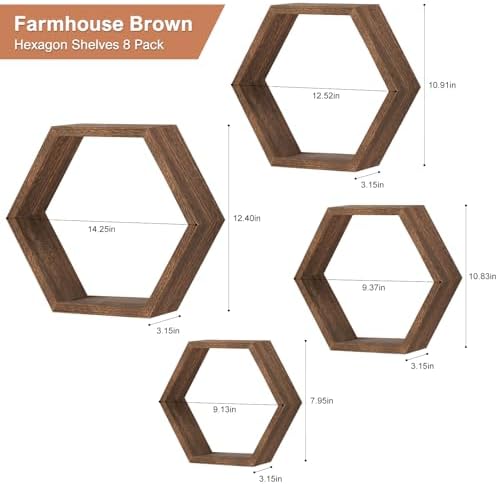 Hexagon Floating Shelves Set of 8 Wood Hexagonal Shelves Brown Wall Decor and - Image 3