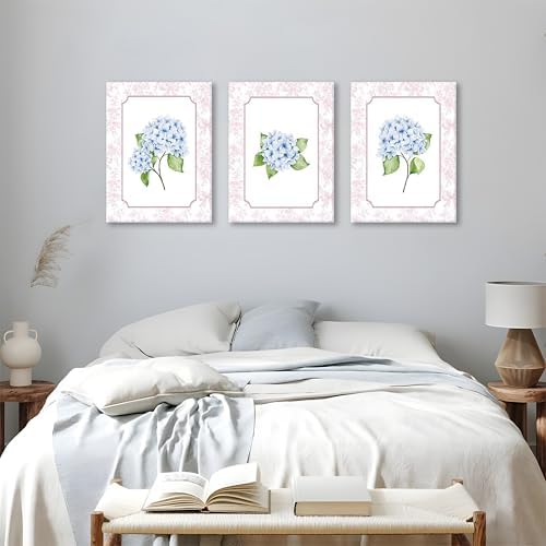 Blue Hydrangea Wall Art Set of 3, Preppy Blue Hydrangea Canvas Prints Poster - Image 4