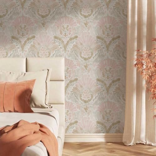 Boho White Pink Damask Watercolor Geometric Peel and Stick Wallpaper Wall Decor - Image 2