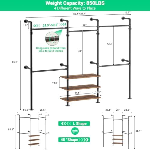Aheaplus Expandable Industrial Pipe Clothing Rack, 7.3-10.9Ft Closet System - Image 7