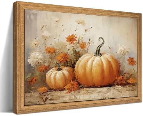 Framed Vintage Halloween Pumpkin Wall Art – 3D Texture Harvest Pumpkins by AKWISHWallArt