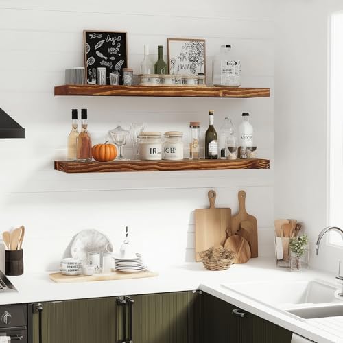 36x5.8x0.8in Floating Wall Shelves Rustic Solid Wood 2-Pack - Image 2