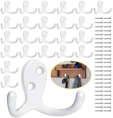 Homanu 24 Pack Coat Hooks, Heavy Duty Double Prong Coat Hooks Wall Mounted by Homanu