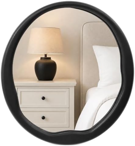 Matte Black 24 Inch Round Wood Wall Mirror, Asymmetrical Inner Edge by Pocetry
