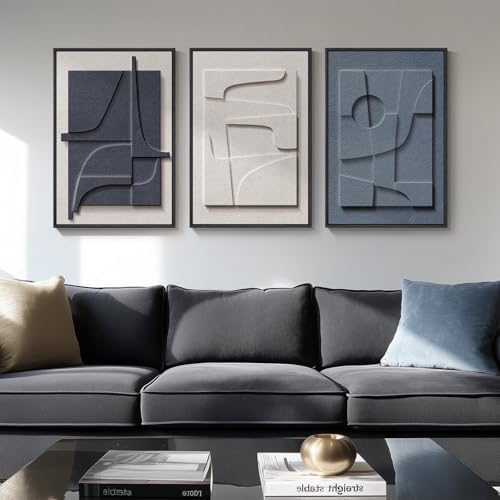 3D Textured Framed Blue and White Abstract Wall Art Set, 3 Piece, 16x24 In - Image 2