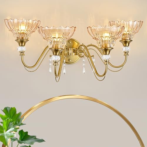 Vintage Bathroom Vanity Light, 4-Light Brushed Gold Finish Wall Sconce - Image 2