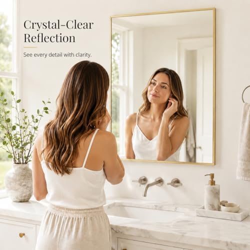 24x36 Satin Gold Framed Rectangle Bathroom Vanity Wall Mirror - Image 4