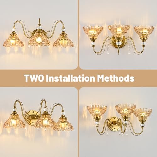 Vintage Bathroom Vanity Light, 3-Light Brushed Gold Finish Wall Sconce - Image 3