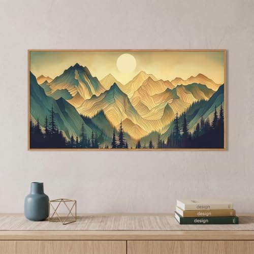 Boho Green Mountain Landscape Framed Canvas Wall Art Set, Abstract Sun Forest - Image 2