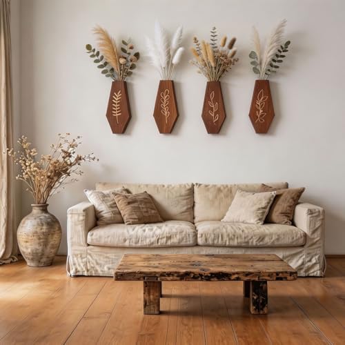 Wood Wall Vase 4 Pack, Modern Farmhouse & Boho Wall Decor Wooden Hanging - Image 2