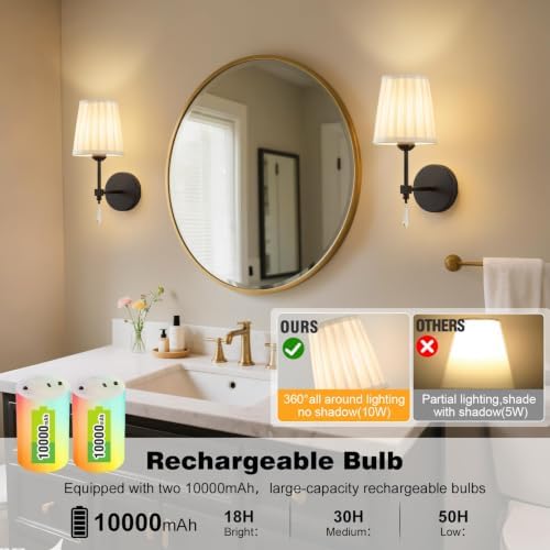 Black Battery Operated Wall Sconce, 10000 Mah Rechargeable Wall Sconces set of 2 - Image 3