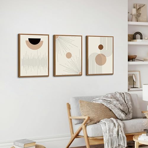 3 Pcs Boho Beige Geometric Lines Framed Canvas Minimalist Wall Art 16"x24" - Image 2