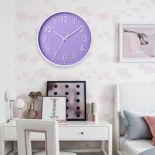 HZDHCLH 12 Inch Silent Wall Clock Battery Operated Non Ticking Purple - Image 2