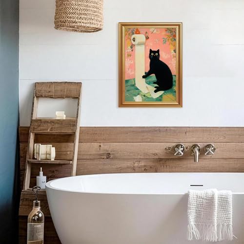 ICHZUMW Gold Framed Funny Black Cat Toilet Paper Canvas Wall Art, 12x16 In - Image 4