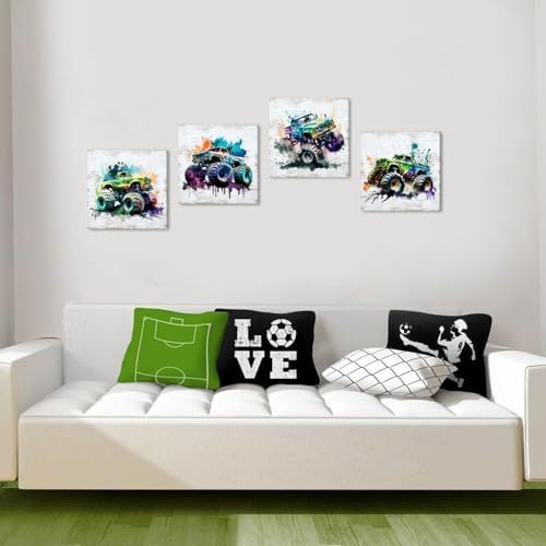 Car Room Decor Truck Canvas Wall Art Framed Boys Room Watercolor Cartoon Car - Image 3