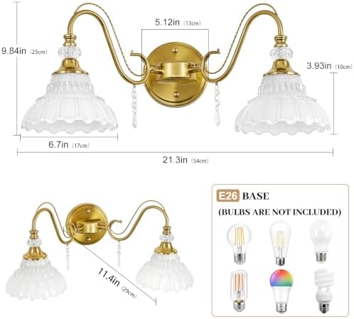 Vintage Bathroom Vanity Light, 2-Light Brushed Gold Finish Wall Sconce - Image 7
