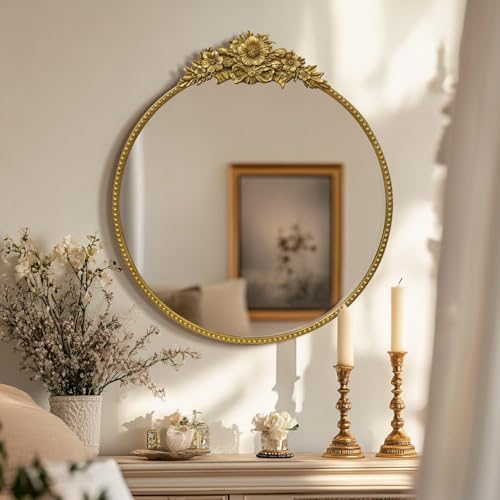 Round Baroque Style Antique 24" Metal Circle Vintage Mirror, Wall Mounted - Image 2