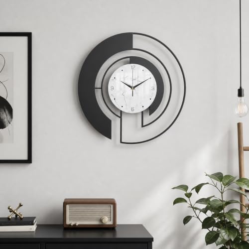 18-Inch Modern Black Metal Wall Clock, Marble Patterned Glass Dial - Image 3