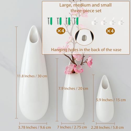 White Ceramic Wall Vases, 12 Inch, Teardrop Design - Image 2