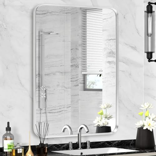 Silver Bathroom Mirror 22x30in, Metal Framed Rounded Rectangle by Minuover