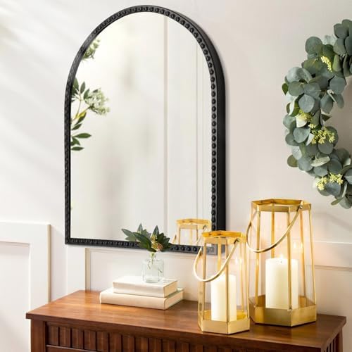 Black Arched Wall Mirror Metal Beaded Frame Bathroom Mirror - Image 4