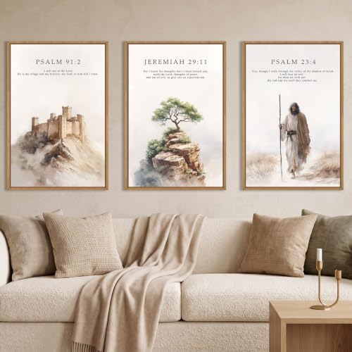 Bible Verse Psalm Shepherd Scene Framed Canvas Wall Art Set-16"x24"x3 by Aryroi