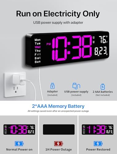 MASHI 16" Easy-Read Large Digital Wall Clock, 9-Color Night Light - Image 6