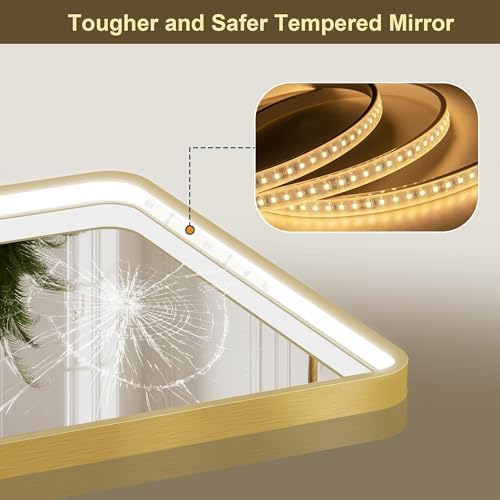LED Bathroom Mirror with Lights, 40x28 Inch Gold Metal Framed LED Mirror - Image 5