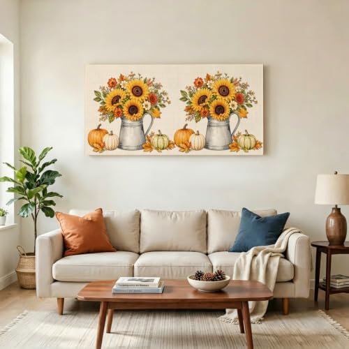 Thanksgiving Fall Large Wall Art Yellow Sunflower Pumpkins Leaf Linen Texture - Image 3