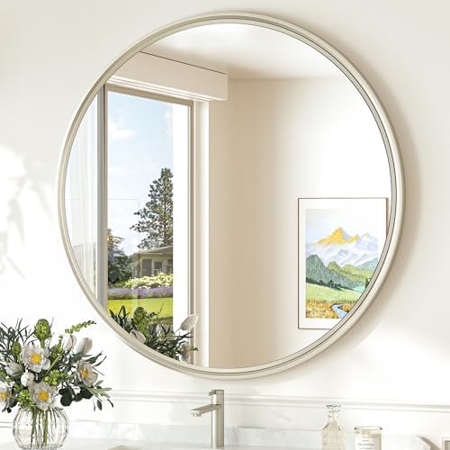 TokeShimi 30 Inch Brushed Nickel Mirror Round Tempered, Shatterproof Bathroom by TokeShimi