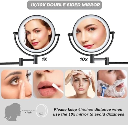 8" Wall Mounted Lighted Makeup Vanity Mirror, 10X Magnifying, Matte Black - Image 3