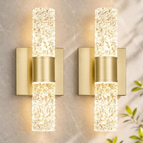 Crystal LED Wall Sconces Set of 2, Brushed Gold Bathroom Light Fixtures by Ditoon